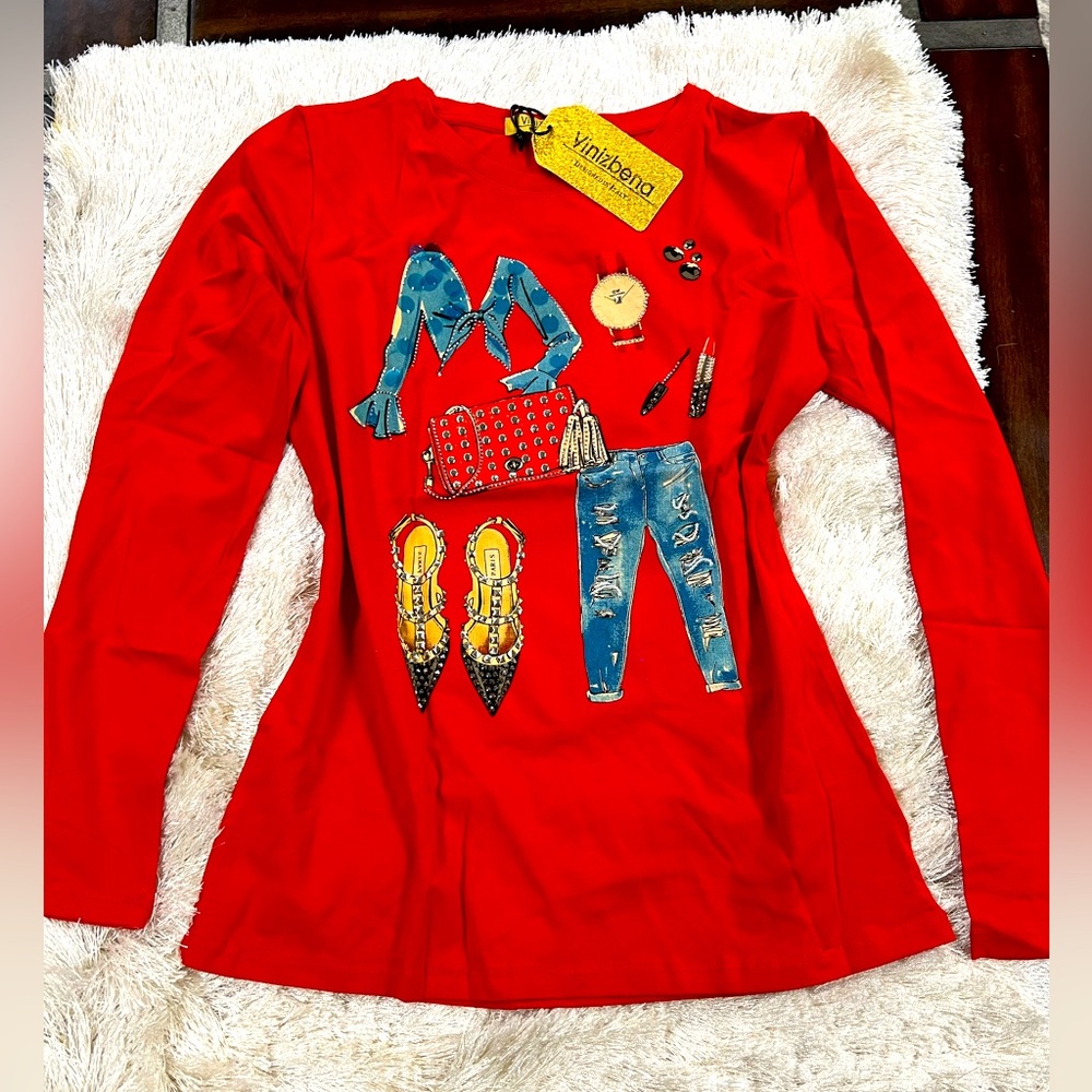 Women’s Long Sleeve Fashion Shirt Red with sparkle design